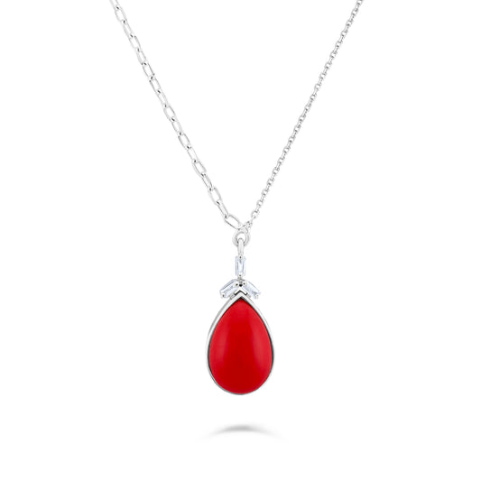 Timeless Coral & Fancy Diamond Drop and White Gold Necklace