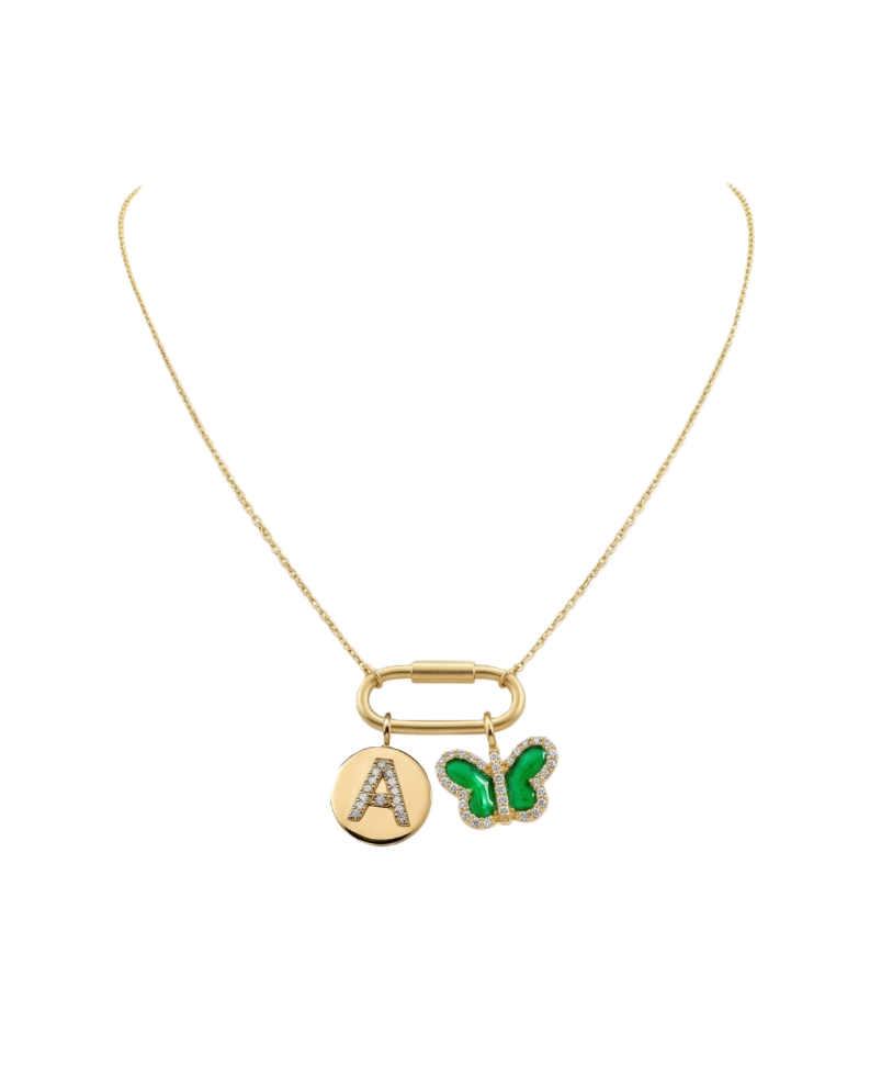 Gold necklace with a butterfly and letter 'A' pendant on a white background