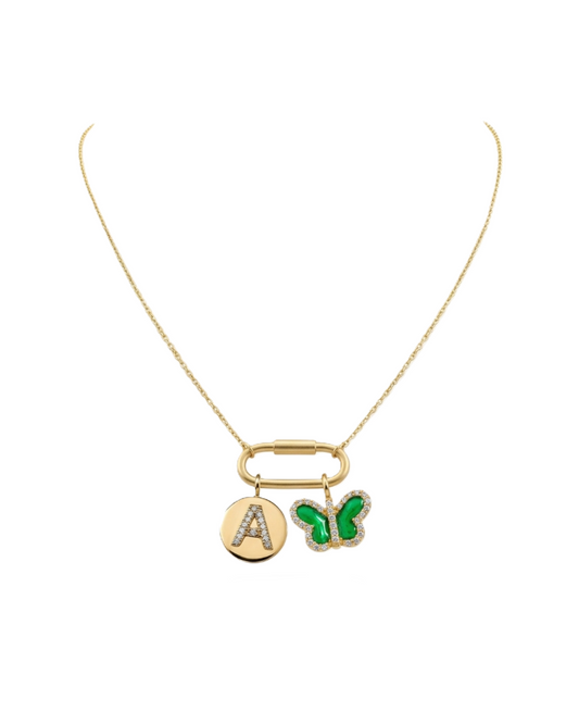 Gold necklace with a butterfly and letter 'A' pendant on a white background