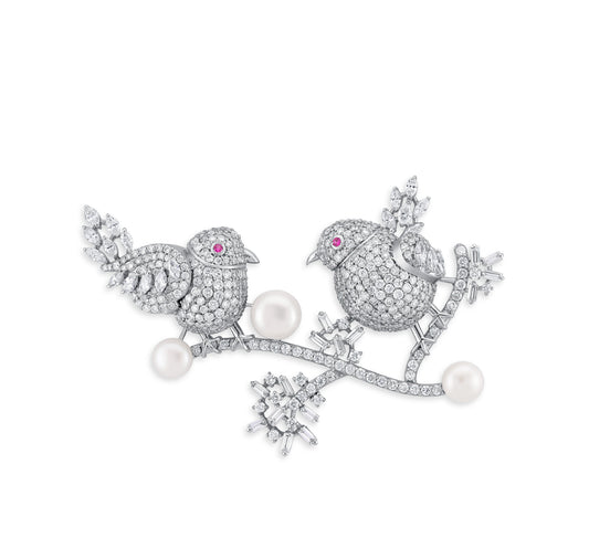 VELOURA FANCY BIRD WHITE GOLD BROACH