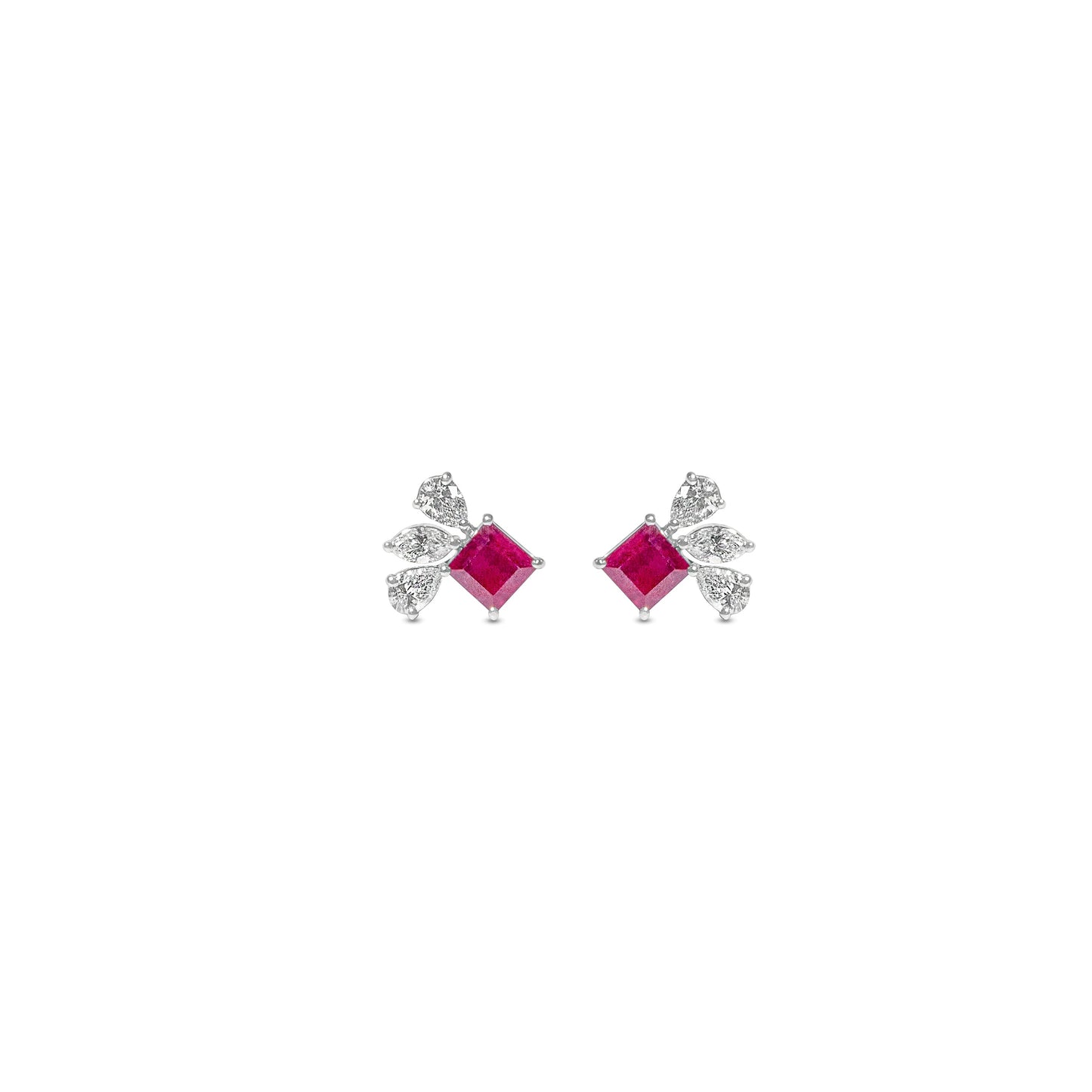 SQUARE RUBY FANCY DIAMOND WHITE GOLD EARRING