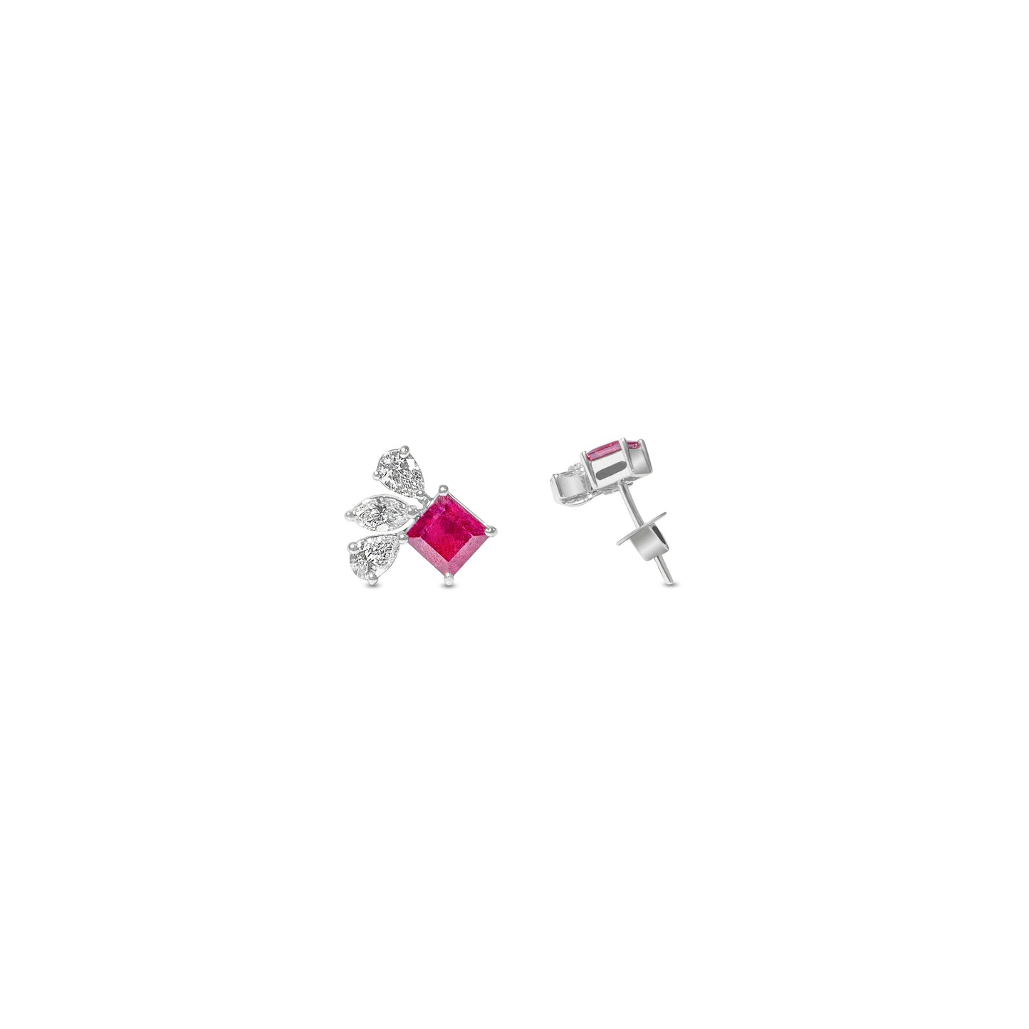 SQUARE RUBY FANCY DIAMOND WHITE GOLD EARRING