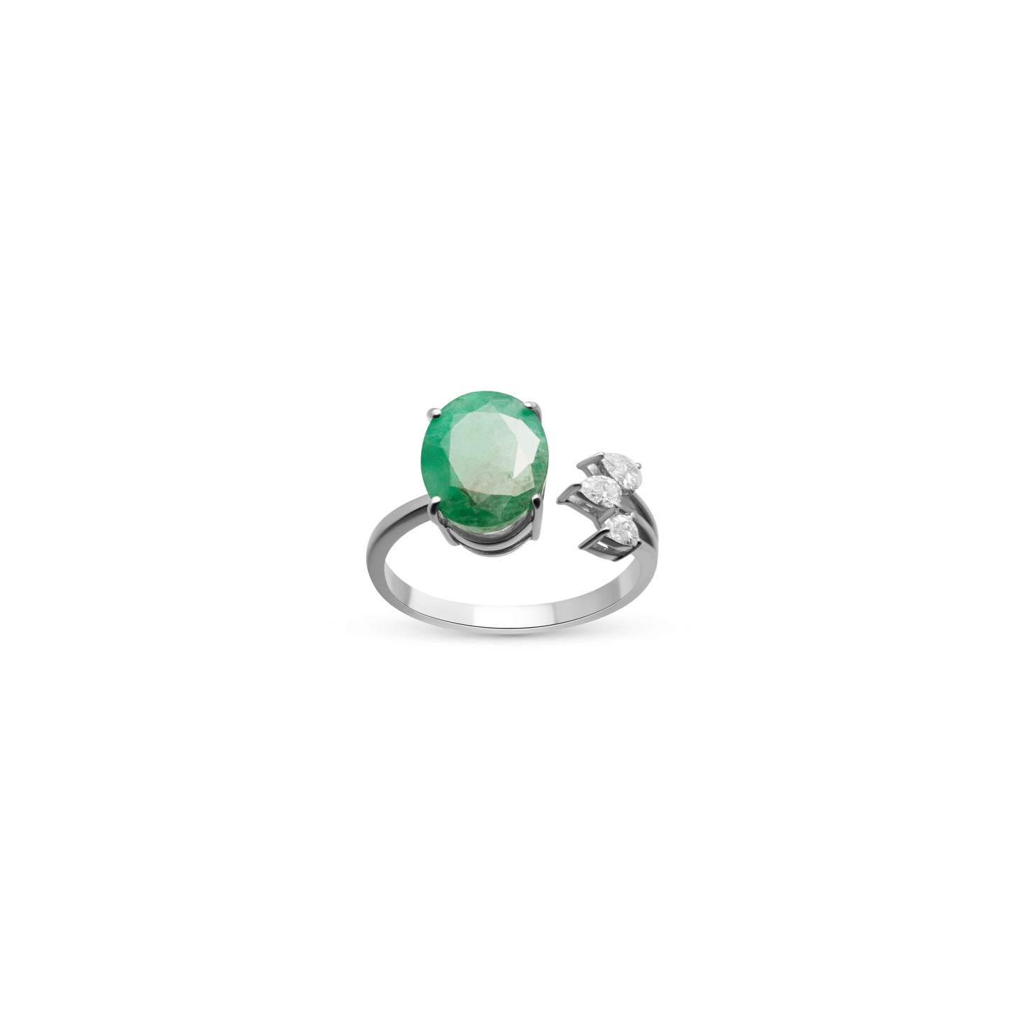 DIAMOND STUDDED LEAF EMERALD WHITE GOLD RING
