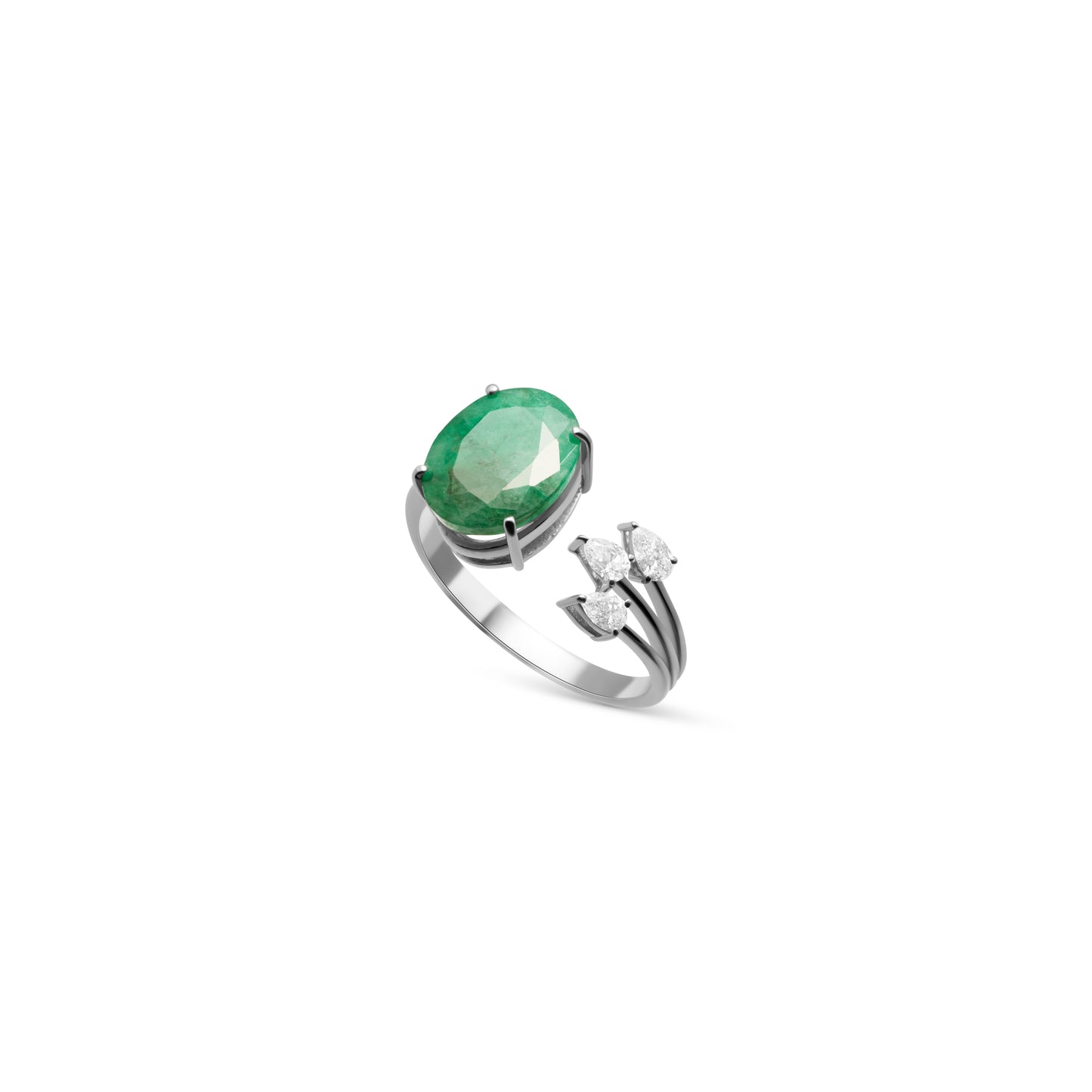 DIAMOND STUDDED LEAF EMERALD WHITE GOLD RING